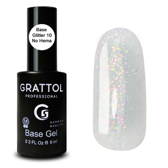 Glitter 10  9ml Каучуковая база для гель-лака Grattol Rubber Base Glitter No Hema