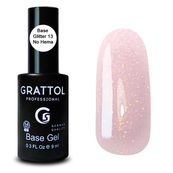 Glitter 13   9ml Каучуковая для гель-лака Grattol Rubber Base Glitter No Hema