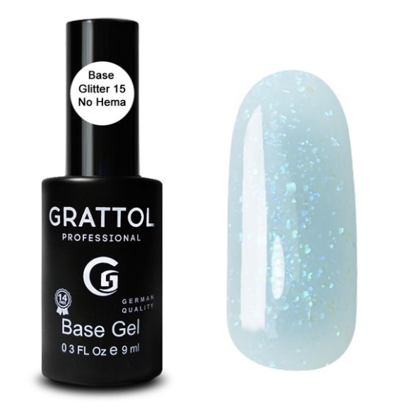 Glitter 15  9ml Каучуковая база для гель-лака Grattol Rubber Base Glitter No Hema
